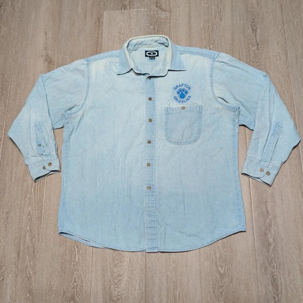 Vintage Three Rivers Grafton Grizzlies Denim Shirt Light Wash Mens L Oversized - Picture 1 of 7